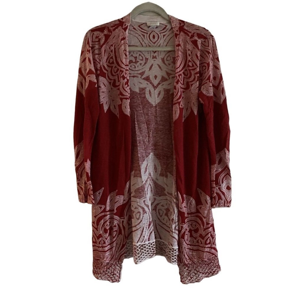 Chicos Women SZ 0/XS Red/White Lattice Hem Linen Blend Lightweight Sweater